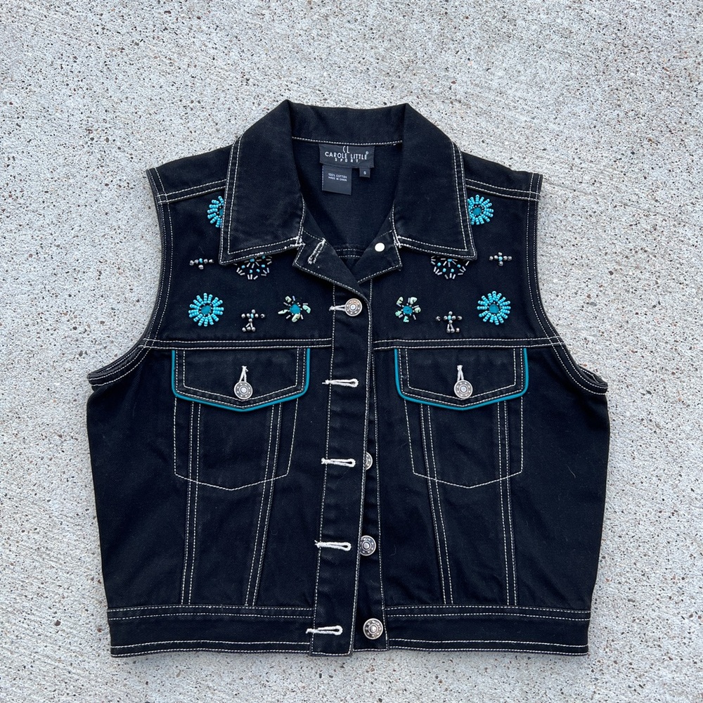 Vintage Carol Little Turquoise Beaded Black Denim Vest Size S